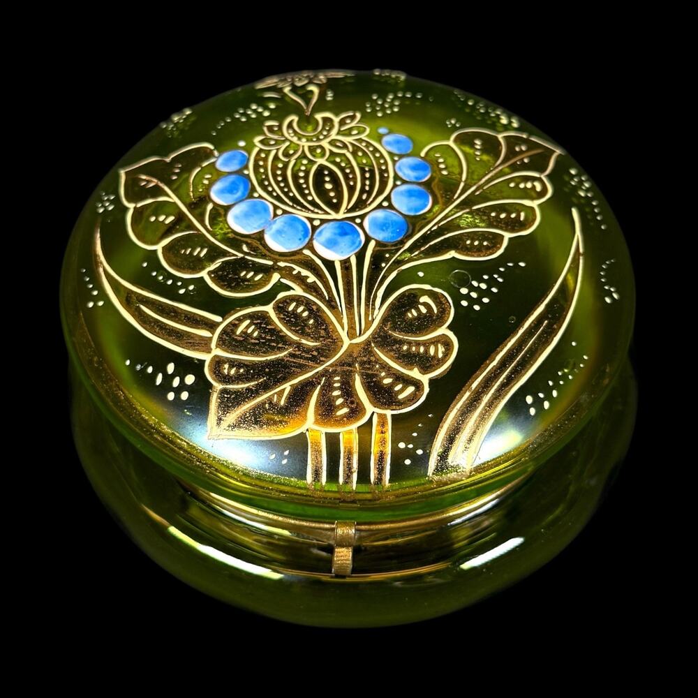 Antique Bohemian Moser Green Glass Trinket/Jewelry Box Gold Enamel Jar